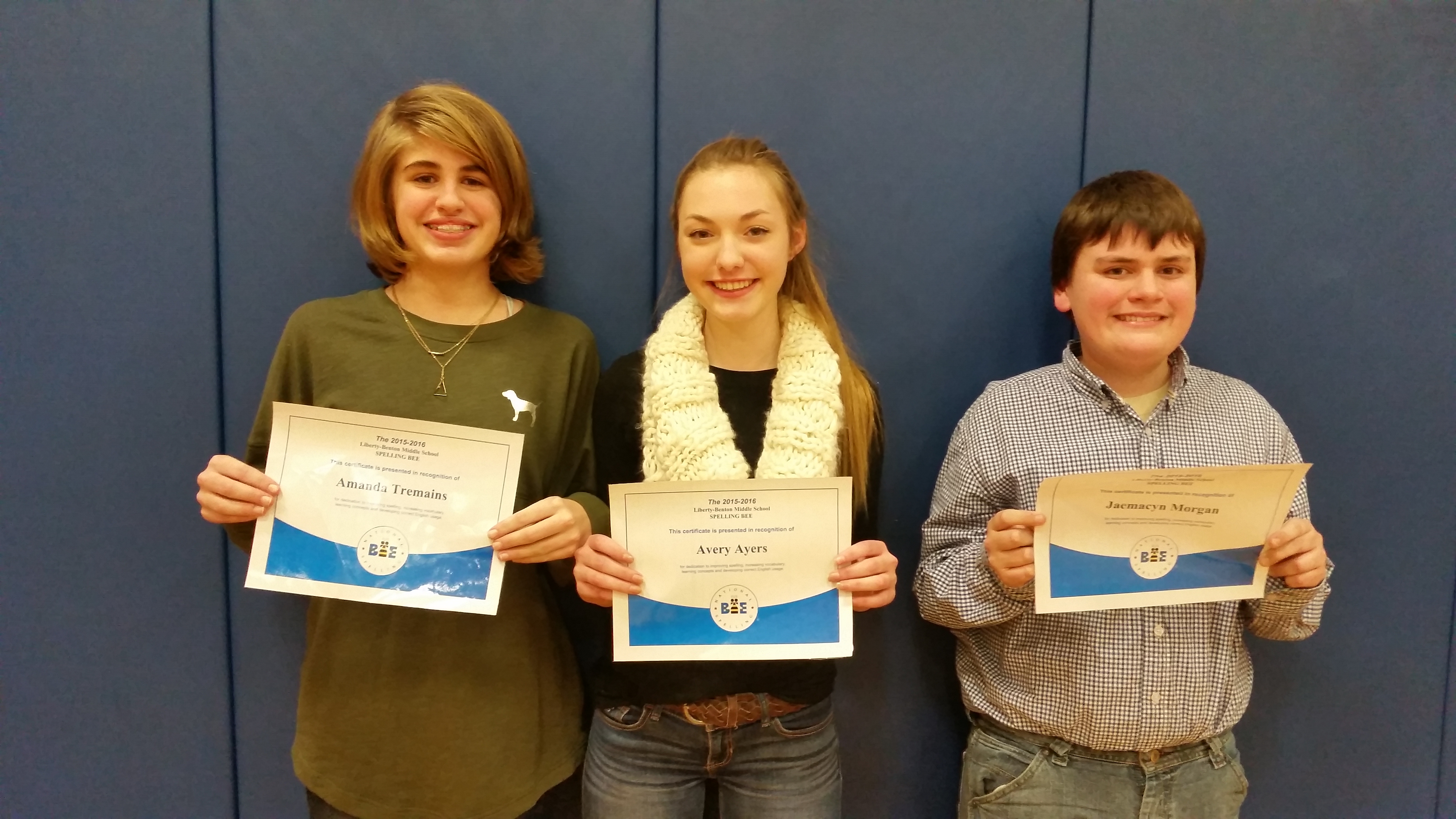 2016 Middle School Spelling Bee Finalists Amanda Tremains, Avery Ayers, Jaemacyn Morgan